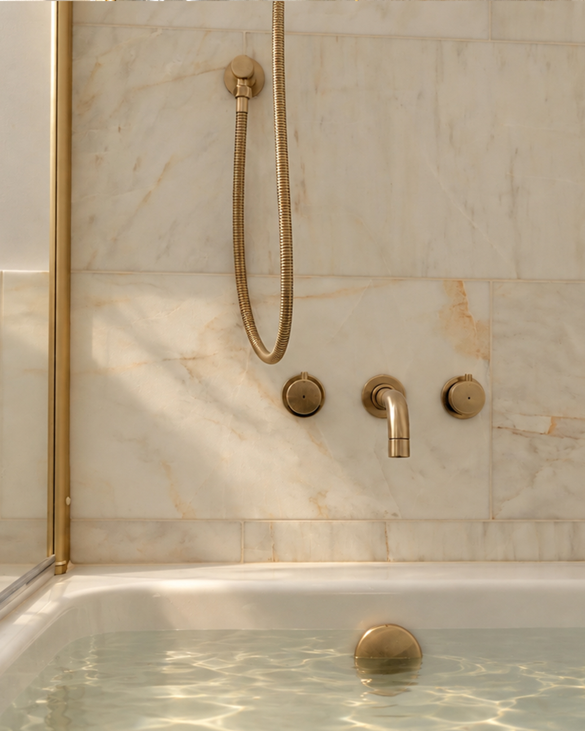 Warm marble and brass details in The Old Workshop bathroom