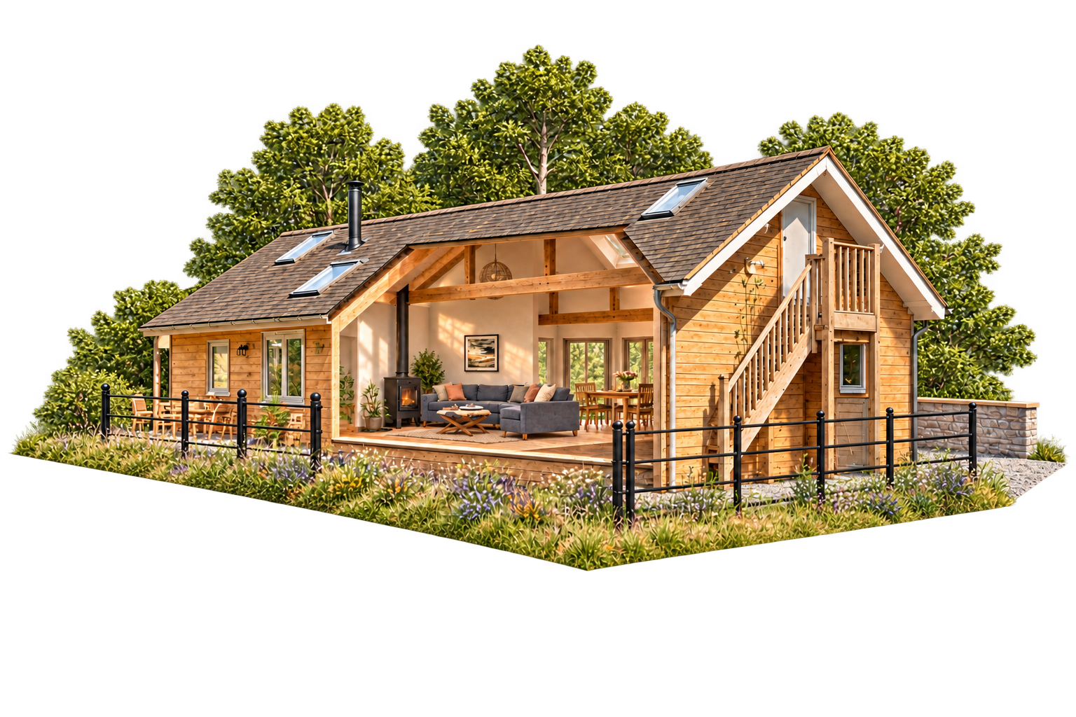 Illustrative cutaway of The Old Workshop, showing the living space within the timber building